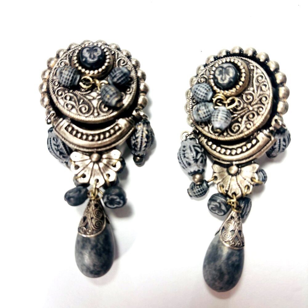 Vintage 80's Earrings Denim Blue Beads Dangle Clip On Western Boho Silver Tone